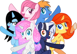 Size: 2471x1716 | Tagged: safe, artist:tanahgrogot, derpibooru import, oc, oc:ankie z, oc:annisa trihapsari, oc:diamond shine, oc:ko ada, oc:rozyfly, oc:sunflower, alicorn, earth pony, pegasus, pony, unicorn, female, group, looking at you, male, mare, medibang paint, open mouth, open smile, simple background, smiling, smiling at you, stallion, transparent background