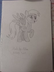 Size: 2736x3648 | Tagged: safe, artist:azhu, derpibooru import, derpy hooves, ditzy doo, pegasus, pony, raised hoof, raised leg, solo, spread wings, traditional art, wings