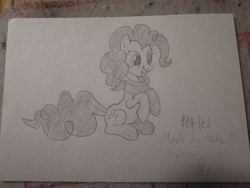 Size: 3648x2736 | Tagged: safe, artist:azhu, derpibooru import, pinkie pie, earth pony, pony, clothes, raised hoof, raised leg, scarf, sitting, smiling, solo, traditional art, winter