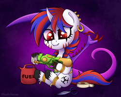 Size: 2064x1647 | Tagged: safe, artist:madelinne, derpibooru import, oc, oc only, pony, unicorn, chibi, ear piercing, earring, fangs, fingers, flamethrower, gas can, gun, jewelry, piercing, scissors, sitting, solo, tape, tentacles, watergun, weapon