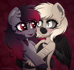 Size: 2170x2066 | Tagged: safe, artist:madelinne, derpibooru import, oc, oc only, oc:devilvoice, oc:madelinne, bat pony, earth pony, semi-anthro, duo, hug