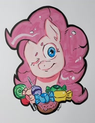 Size: 1577x2048 | Tagged: safe, artist:raph13th, derpibooru import, pinkie pie, earth pony, pony, bust, candy, female, food, mare, marker drawing, one eye closed, simple background, smiling, solo, traditional art, white background, wink