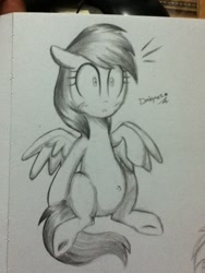 Size: 720x960 | Tagged: safe, artist:darkynez, derpibooru import, rainbow dash, pegasus, pony, belly, belly button, ears, floppy ears, shocked, solo, spread wings, surprised, traditional art, wide eyes, wings