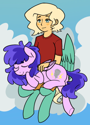 Size: 905x1257 | Tagged: safe, artist:/d/non, derpibooru import, plumberry, oc, oc:gale, hybrid, pegasus, pony, satyr, blonde, blushing, canon x oc, clothes, cloud, duo, eyes closed, offspring, older, older plumberry, on a cloud, pants, parent:zephyr breeze, petting, purple hair, shirt, sitting, sitting on cloud, sitting on lap, sleeping, smiling