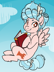 Size: 1247x1671 | Tagged: safe, artist:/d/non, derpibooru import, cozy glow, pegasus, pony, blushing, book, bow, cloud, cozybetes, cute, falling, freckles, looking at you, reading, smiling, solo, spread wings, wings