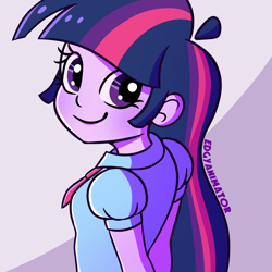 Size: 2000x2000 | Tagged: safe, artist:edgyanimator, derpibooru import, twilight sparkle, human, equestria girls, blushing, cel shading, clothes, female, looking at you, looking back, looking back at you, purple background, purple eyes, purple hair, purple skin, shading, simple background, smiling, smiling at you, solo