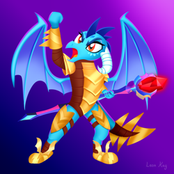 Size: 2500x2500 | Tagged: safe, artist:leonkay, derpibooru import, dragon lord ember, princess ember, dragon, armor, bloodstone scepter, dragon armor, dragoness, female, fist, gradient background, high res, raised arm, solo