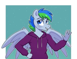 Size: 963x748 | Tagged: safe, artist:darkynez, derpibooru import, oc, oc only, anthro, blushing, clothes, hoodie, looking at you, smiling, solo, spread wings, waving, wings