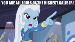 Size: 888x499 | Tagged: safe, derpibooru import, edit, edited screencap, screencap, trixie, equestria girls, guitar centered, caption, futurama, image macro, solo, text