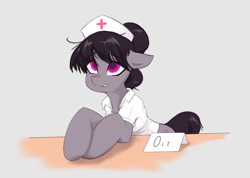 Size: 1080x769 | Tagged: safe, artist:cirtierest, derpibooru import, octavia melody, earth pony, pony, blushing, chest fluff, clothes, ears, eyebrows, eyebrows visible through hair, female, floppy ears, hat, mare, nurse, nurse hat, nurse outfit, simple background, solo