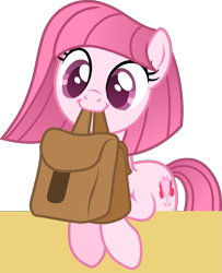 Size: 917x1131 | Tagged: safe, artist:persephoneiabases, artist:tanahgrogot, derpibooru import, oc, oc only, oc:annisa trihapsari, earth pony, pony, to saddlebags and back again, bag, base used, cute, earth pony oc, female, looking down, mare, medibang paint, ocbetes, simple background, smiling, solo, transparent background, vector