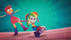 Size: 1280x720 | Tagged: safe, derpibooru import, screencap, rainbow dash, scootaloo, human, eqg summertime shorts, equestria girls, raise this roof, belt, belt buckle, boots, breakdancing, clothes, cutie mark on clothes, dancing, devil horn (gesture), dress, duo, duo female, fall formal outfits, female, feminism, fingerless gloves, gloves, oops, shoes, sleeveless, smiling, smirk