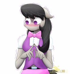 Size: 2732x2870 | Tagged: safe, artist:lordshrekzilla20, derpibooru import, octavia melody, anthro, earth pony, anime, anime style, blushing, clothes, equestria girls outfit, female, komi can't communicate, nervous, no mouth, no nose, no pupils, simple background, solo, tavi can't communicate, 👉👈