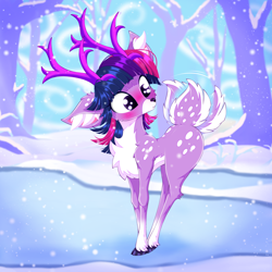 Size: 2500x2500 | Tagged: safe, artist:rurihal, derpibooru import, twilight sparkle, deer, blushing, chest fluff, cloven hooves, cute, deerified, deerlight sparkle, doe, ear fluff, ears, female, looking at self, looking back, snow, snowfall, solo, species swap, tail, tail wag, twiabetes, winter