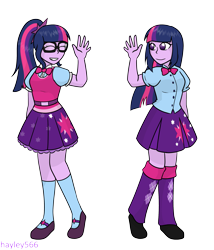 Size: 2299x2686 | Tagged: safe, artist:hayley566, derpibooru import, sci-twi, twilight sparkle, equestria girls, clothes, duo, female, sci-twi outfits, simple background, skirt, transparent background, twolight, waving