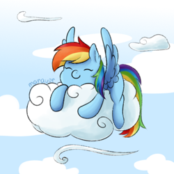 Size: 500x500 | Tagged: safe, artist:maravor, derpibooru import, rainbow dash, pegasus, pony, cloud, eyes closed, female, lying down, on a cloud, prone, smiling, solo