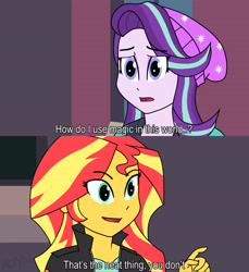 Size: 3840x4200 | Tagged: safe, artist:altynp, derpibooru import, starlight glimmer, sunset shimmer, equestria girls, mirror magic, spoiler:eqg specials, beanie, dialogue, duo, female, hat, invincible, meme, parody, ponified, ponified meme, scene parody