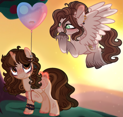 Size: 1375x1309 | Tagged: safe, artist:xxcheerupxxx, derpibooru import, oc, oc only, pegasus, pony, unicorn, artificial wings, augmented, balloon, base used, female, flying, heart, heart balloon, magic, magic wings, mare, wings