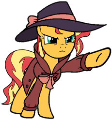 Size: 525x569 | Tagged: safe, artist:noikincade67, derpibooru import, sunset shimmer, pony, unicorn, clothes, detective, female, hat, simple background, solo, transparent background