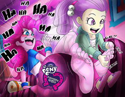 Size: 1600x1240 | Tagged: safe, artist:tkl-comics, derpibooru import, lily pad (equestria girls), pinkie pie, human, equestria girls, barefoot, blushing, bracelet, clothes, duo, feet, female, fetish, foot fetish, hoodie, jewelry, laughing, lilypad, nail polish, open mouth, open smile, skirt, slippers, smiling, sofa, tanktop, tickle torture, tickling, toenail polish