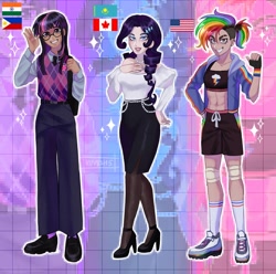 Size: 1862x1848 | Tagged: safe, artist:kuv8sh5, derpibooru import, rainbow dash, rarity, twilight sparkle, human, abs, alternate hairstyle, american flag, bag, bedroom eyes, belly button, belt, canadian, canadian flag, clothes, dark skin, ear piercing, earring, eyeshadow, female, fingerless gloves, flats, glasses, gloves, grin, high heels, hoodie, humanized, indian, jewelry, knee pads, lipstick, makeup, nail polish, necklace, necktie, pants, piercing, ponytail, ring, scar, shirt, shoes, shorts, skirt, smiling, sneakers, socks, sports bra, sports shorts, stockings, sweater vest, thigh highs, trio, united states, vest