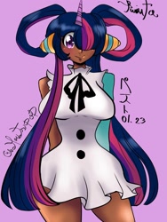 Size: 1152x1536 | Tagged: safe, artist:moutsupop, derpibooru import, twilight sparkle, human, anime, clothes, cosplay, costume, dark skin, exploitable meme, horn, horned humanization, humanized, meme, one piece, one piece film:red, purple background, same voice actor, simple background, solo, uta (one piece)