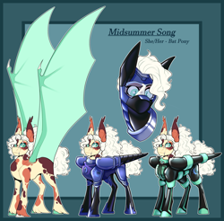 Size: 2800x2755 | Tagged: safe, artist:parrpitched, derpibooru import, oc, oc:midsummer song(fireverse), bat pony, original species, armor, bat pony oc, bat wings, bondage mask, commission, fireheart76's latex suit design, kink, knight, large wings, latex, latex mask, latex pony, latex suit, mask, prisoners of the moon, reference, reference sheet, royal guard, rubber, rubber suit, visor, wings