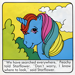 Size: 600x600 | Tagged: artist needed, safe, derpibooru import, starflower, pony, unicorn, comic:my little pony (g1), g1, dialogue, female, implied peachy, mare, moondancer's mischievous magic, official comic, offscreen character, scan, solo, upscaled