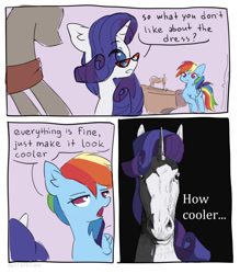 Size: 1280x1463 | Tagged: safe, artist:astralblues, derpibooru import, rainbow dash, rarity, pegasus, pony, unicorn, suited for success, comic, dialogue, female, hoers, mannequin, mare, meme, ponified, ponified meme