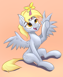Size: 2042x2476 | Tagged: safe, artist:foxpit, derpibooru import, derpy hooves, butterfly, pegasus, pony, fake alicorn, fake horn, female, golden eyes, gradient background, looking to side, looking to the right, mare, not an alicorn, open mouth, open smile, orange background, raised arm, simple background, sitting, smiling, solo, spread wings, underhoof, wings, yellow mane