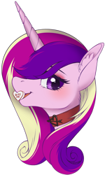 Size: 1328x2219 | Tagged: safe, artist:taytinabelle, derpibooru exclusive, derpibooru import, princess cadance, alicorn, pony, bust, candy, candy hearts, choker, collar, ear fluff, ears, female, heart, holiday, looking at you, mare, mouth hold, open mouth, profile, side view, simple background, smiling, solo, transparent background, valentine's day
