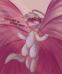 Size: 1908x2274 | Tagged: safe, artist:shepardinthesky, derpibooru import, derpy hooves, angel, seraph, angelic wings, belly, belly button, blind, blindfold, crown of thorns, dialogue, halo, multiple wings, seraphim pegasus, seraphim pony, sketch, solo