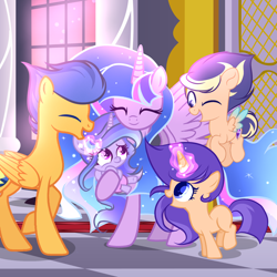 Size: 2048x2048 | Tagged: safe, artist:harmonyvitality-yt, derpibooru import, flash sentry, twilight sparkle, oc, oc:nightfall sentry, oc:stardust illusion, oc:storm sentry, alicorn, pegasus, pony, unicorn, alicorn oc, baby, baby pony, base used, colt, ethereal mane, eyelashes, female, filly, flashlight, foal, glowing, glowing horn, holding a pony, horn, magic, male, offspring, one eye closed, parent:flash sentry, parent:twilight sparkle, parents:flashlight, pegasus oc, shipping, smiling, starry mane, straight, telekinesis, unicorn oc, wings, wink