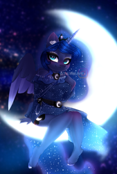 Size: 1353x2000 | Tagged: safe, artist:taiweiart, derpibooru import, princess luna, alicorn, anthro, unguligrade anthro, clothes, crescent moon, dress, ear fluff, ears, female, instagram watermark, looking at you, mare, moon, sitting, smiling, smiling at you, solo, tangible heavenly object, unshorn fetlocks
