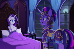 Size: 2175x1450 | Tagged: safe, artist:willoillo, derpibooru import, rarity, twilight sparkle, pony, spider, unicorn, alternate universe, armor, bed, bodyguard au, butt, commission, duo, ear fluff, ears, fanfic art, female, horn, mare, moon, night, open mouth, plot, standing, unshorn fetlocks