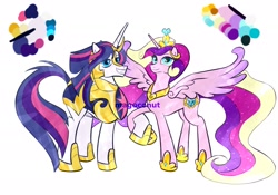 Size: 2388x1668 | Tagged: safe, artist:magoconut, derpibooru import, princess cadance, shining armor, alicorn, crystal pony, unicorn, alternate design, alternate universe, color palette, crystallized, ethereal mane, ethereal tail, future, older, older princess cadance, older shining armor, recolor, simple background, tail, white background