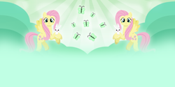 Size: 1024x512 | Tagged: safe, artist:thread8, derpibooru import, angel bunny, fluttershy, butterfly, pegasus, pony, hill, rolling sky