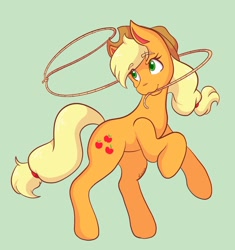Size: 1640x1747 | Tagged: safe, artist:mscolorsplash, derpibooru import, applejack, earth pony, pony, applejack's hat, clothes, cowboy hat, cute, female, green background, hat, jackabetes, lasso, mare, mouth hold, rearing, rope, simple background, smiling, solo