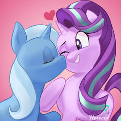 Size: 2500x2500 | Tagged: safe, artist:hexecat, derpibooru import, starlight glimmer, trixie, pony, unicorn, duo, female, heart, horsesexhaver, kissing, lesbian, shipping, startrix, trollightsparkle