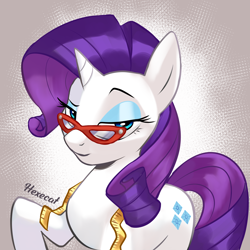 Size: 2500x2500 | Tagged: safe, artist:hexecat, derpibooru import, rarity, pony, unicorn, colored, female, glasses, gradient background, lidded eyes, looking at you, measuring tape, raised hoof, raised leg, rarity's glasses, solo