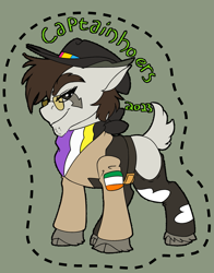 Size: 1257x1600 | Tagged: safe, artist:brainiac, derpibooru import, oc, oc:gote, goat, badge, con badge, harmonycon, ireland, male, national flag, nonbinary pride flag, pansexual pride flag, pride, pride flag, solo, text