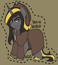 Size: 1428x1600 | Tagged: safe, artist:brainiac, derpibooru import, oc, oc:knick knack, pony, unicorn, badge, con badge, harmonycon, male, solo, stallion, text