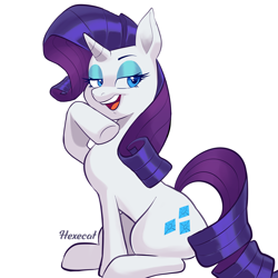 Size: 3000x3000 | Tagged: safe, artist:hexecat, derpibooru import, rarity, pony, unicorn, bedroom eyes, eyebrows, eyeshadow, female, high res, looking at you, makeup, mare, open mouth, open smile, raised hoof, raised leg, signature, simple background, sitting, smiling, smiling at you, solo, white background