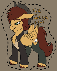 Size: 1287x1600 | Tagged: safe, artist:brainiac, derpibooru import, oc, oc:type writer, pegasus, badge, con badge, harmonycon, male, solo, text