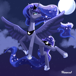 Size: 3000x3000 | Tagged: safe, artist:hexecat, derpibooru import, princess luna, alicorn, pony, cloud, crown, female, flying, high res, hoof shoes, jewelry, lidded eyes, looking up, mare, moon, night, peytral, regalia, signature, smiling, solo, spread wings, wings