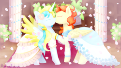 Size: 3932x2212 | Tagged: safe, artist:princessfaeron, derpibooru import, oc, oc only, alicorn, pegasus, pony, clothes, dress, duo, female, kiss on the lips, kissing, lesbian, mare, oc x oc, shipping, wedding dress