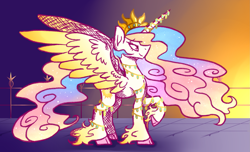 Size: 2367x1439 | Tagged: safe, artist:princessfaeron, derpibooru import, princess celestia, alicorn, pony, jewelry, redesign, solo, unshorn fetlocks