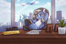 Size: 2700x1800 | Tagged: safe, artist:redahfuhrerking, derpibooru import, oc, oc only, oc:cloudy contrail, pegasus, pony, airship, chair, eye clipping through hair, eyebrows, eyebrows visible through hair, female, high res, hooves behind head, leaning, leaning back, looking at you, mare, office chair, paper, pegasus oc, pen, sitting, smiling, smiling at you, solo, statue of liberty, wings