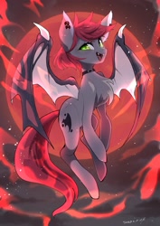 Size: 2894x4093 | Tagged: safe, artist:potetecyu_to, derpibooru import, oc, oc only, oc:swaybat, bat pony, pony, bat pony oc, blood moon, chest fluff, commission, fangs, female, full moon, high res, looking at you, mare, moon, open mouth, open smile, smiling, smiling at you, solo