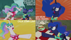 Size: 2000x1125 | Tagged: safe, derpibooru import, edit, edited screencap, editor:quoterific, screencap, princess celestia, princess luna, alicorn, pony, between dark and dawn, abstract background, angry, argument, basket, celestia is not amused, clothes, ethereal mane, ethereal tail, eyes closed, faic, female, food, hawaiian shirt, hypocrisy, luna is not amused, mare, motion lines, open mouth, picnic basket, picnic blanket, pointing, ponytail, royal sisters, sandwich, shirt, siblings, sisters, sparkles, tail, traditional royal canterlot voice, unamused, yelling